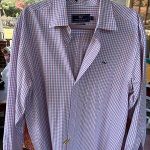 Vineyard Vines Men's Red and Blue Plaid Shirt